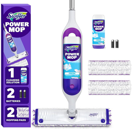 Swiffer PowerMop Kit de trapeador multisuperficie para limpieza de pisos, aroma fresco, el kit de trapeador incluye PowerMop, 2 repuestos de almohadillas para trapear, 1 solución de limpieza de pisos con aroma fresco y 2 baterías