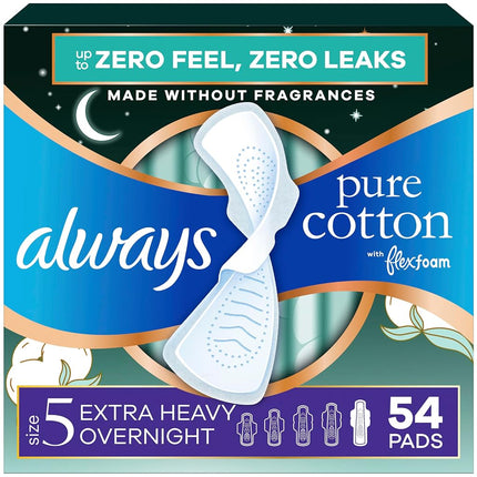 Always Pure Cotton, Feminine Pads For Women, Size 5 Extra Heavy Overnight Absorbency, Multipack, With Flexfoam, With Wings, Unscented, 18 Count x 3 Packs (54 Count total)