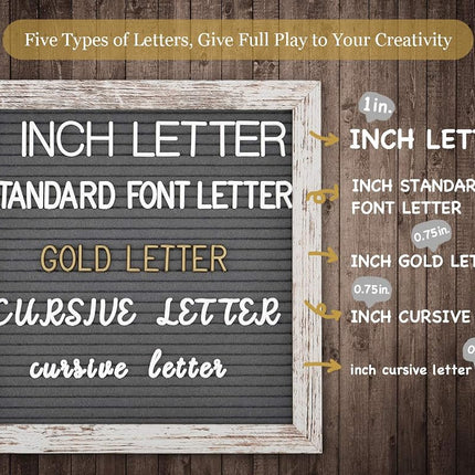 Double Sided Felt Letter Board With Rustic Wood Frame 10x10 Inch - 725 Pre-Cut & Sorted Letters, Cursive Style, Big Letters, Organizer, Stand, Tabletop Display