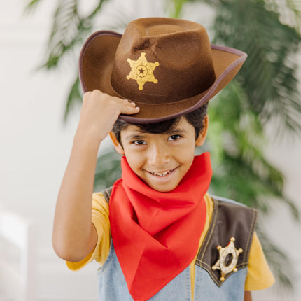 Melissa & Doug Set de disfraz de vaquero (5 piezas) - Incluye chaparreras de imitación de cuero - Disfraz de vaquero para juegos de rol con chaleco para niños y niñas