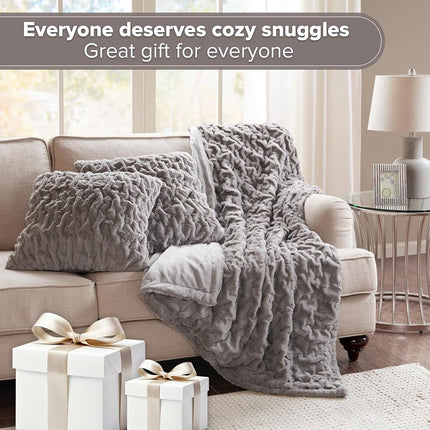 Comfort Spaces Luxurious & Fuzzy Soft Ruched Faux Fur Plush Throw Blanket Set with 2 Matching Square Pillow Covers, for Sofa,Chair, Couch, Living Room, Home Office, Grey 50"x 60"