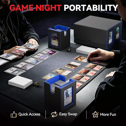 Card Deck Box for MTG with Commander Display, 5 in 1 Card Storage Box Fits 400+ Double-sleeved Cards, Removable Deck Case for TCG/Sports Cards with Dice Tray, 4 Magnetic Card Holders (Black Blue)