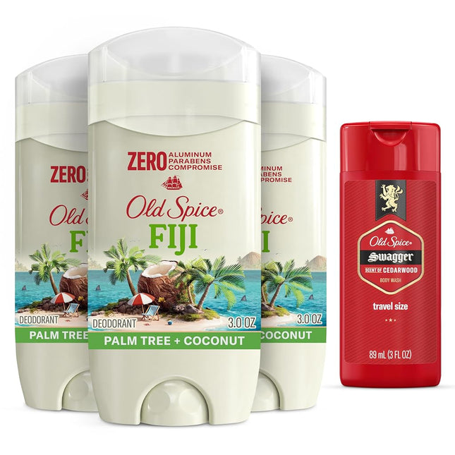 Old Spice Aluminum Free Deodorant for Men, 24/7 Long Lasting Freshness, 24/7 Sweat & Odor Protection, Fiji with Palm Tree Scent Deodorant with Travel-Size Swagger Scent Body Wash, 3 oz (Pack of 3)