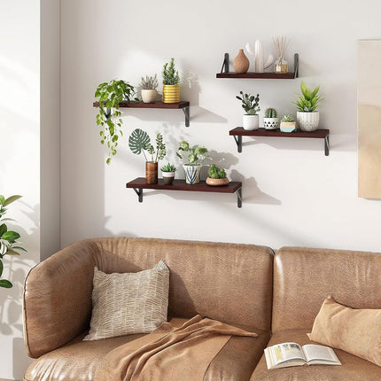 YGEOMER Floating Shelves for Wall, Different Sizes Walnut Red Brown Wall Shelves for Living Room, Bathroom, Bedroom, Kitchen, Home Decor (Set of 4)