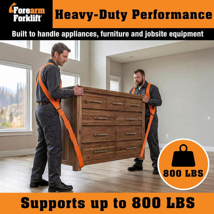 Harnais d'épaule Forearm Forklift – Modèle Original – Soulève et déplace meubles et appareils électroménagers, supporte jusqu'à 360 kg. Ensemble de harnais de déménagement, 2 harnais et 2 sangles centrales de 2,84 m de long chacune, 1 paquet, orange