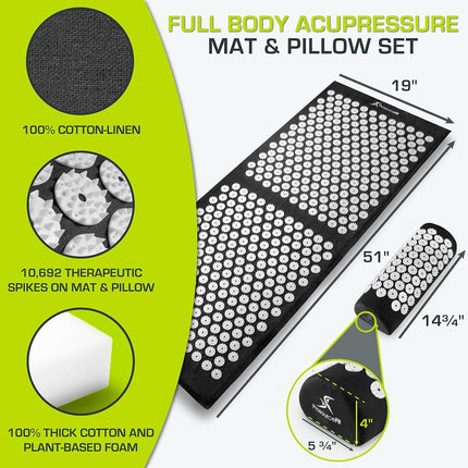 ProsourceFit Acupressure Mat and Pillow Set for Back/Neck Pain Relief and Muscle Relaxation, XL - Black/White