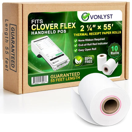Rouleau de papier thermique Vonlyst pour reçus Clover Flex 2 1/4 x 55 (10 rouleaux)