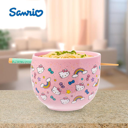 Silver Buffalo Sanrio Hello Kitty Bows Stars Rainbow Pattern Ceramic Ramen Noodle Rice Bowl with Chopsticks, Microwave Safe, 20 Ounces