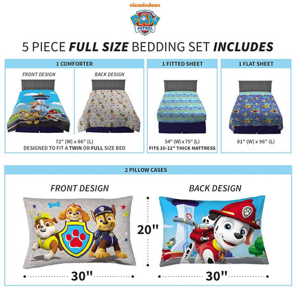 Franco Juego de cama infantil Paw Patrol, edredón supersuave y juego de sábanas, 5 piezas tamaño matrimonial (oficial) Nickelodeon, 99 x 190.5 cm