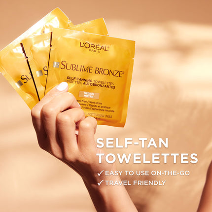 Toallitas autobronceadoras L'Oréal Paris Skincare Sublime Bronze sin sol, de secado rápido y sin rayas, 6 unidades.