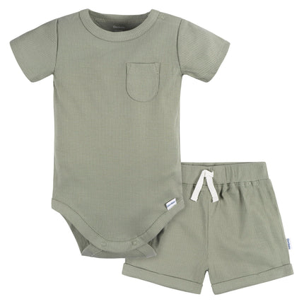 Gerber Unisex Baby Bodysuit And Short Set, Olive, 