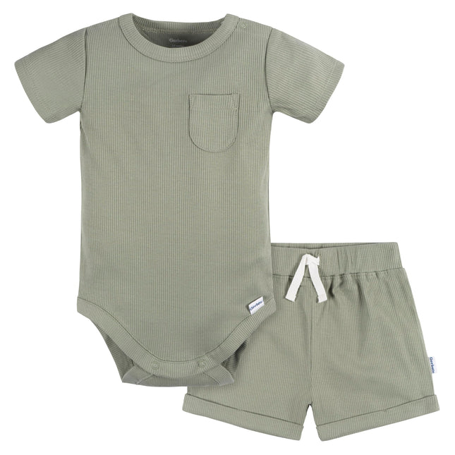Gerber Unisex Baby Bodysuit And Short Set, Olive, 