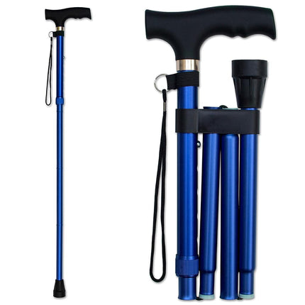 Bastón Plegable RMS - Plegable, Ajustable, Ligero de Aluminio con Mango Desplazado - Bastón Plegable con Mango Ergonómico Derby - Ayuda Ideal para la Vida Diaria para Movilidad Limitada (Azul)