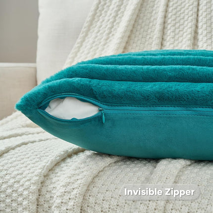 FUTEI Pack of 2 Fluffy Faux Fur Throw Pillow Covers 20x20 Inch Elegant Striped Textured Decorative Cushion Cases Modern Accent Pillow for Couch Bed Living Room, Teal