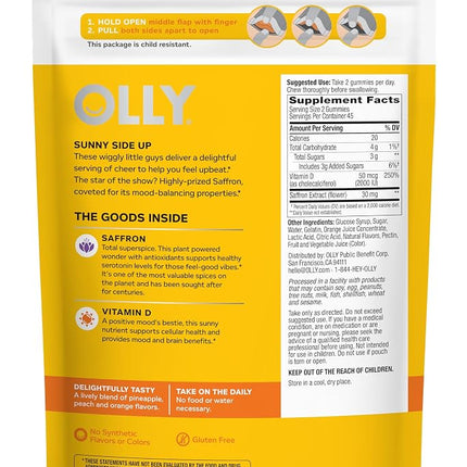 OLLY Hello Happy Gummy Worms, Vitamin D, Saffron, Mood Balance Support, Adult Chewable Supplement, Tropical Zing - 90 Count