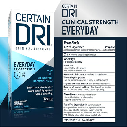 Certain Dri Everyday Strength Clinical Antiperspirant Solid Deodorant, Hyperhidrosis Treatment for Men & Women, Morning Fresh, 2.6oz, 3 Pack