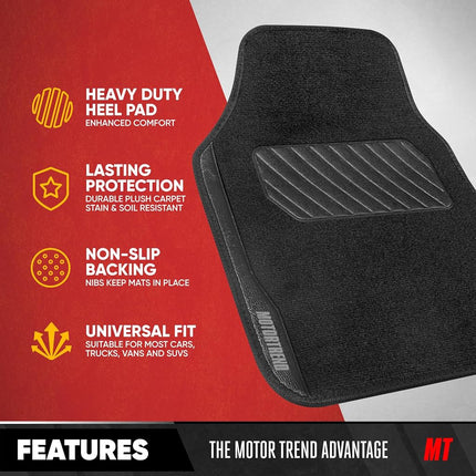 Motor Trend SpeedSeries Carpet Car Floor Mats Set - Versatile Fit for Cars, Trucks, SUVs, Vans Black Trim Racing Design Car Mat Full Set Tapetes para Carro - Set of 4, Black Cars Carpet Mats