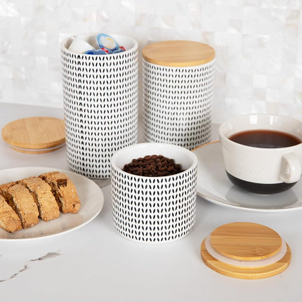 Mind Reader 3-Piece Canister Set, Sugar Container, Coffee Storage, Lids, Kitchen, Ceramic, 10Lx10Wx17.8Hcm, Black and White