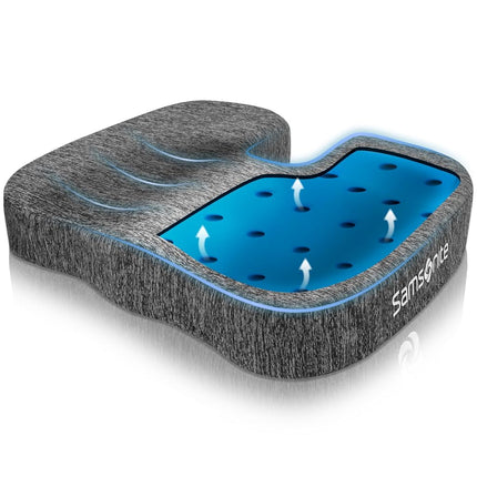 Samsonite Gel Infused Seat Cushion – Ergonomic Cushion for Office Chair, Tailbone Pressure Pad, Coccyx Support for Sciatica, Memory Foam Seat for Car, Desk, or Gaming Chair Use, Grey