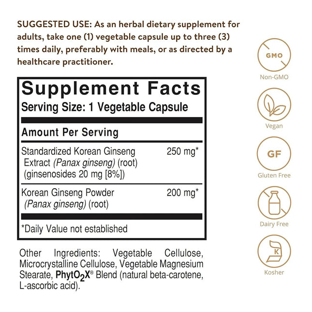 Solgar – Standardized Full Potency Korean Ginseng Root Extract, 60 Vegetable Capsules