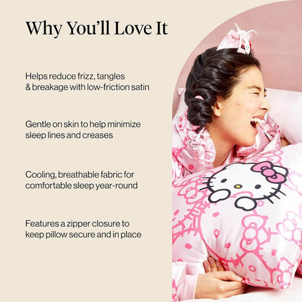 Kitsch x Hello Kitty (Pink Kitty Faces) - Satin Pillowcase with Zipper for Hair and Skin, Softer Than Silk, Smooth Cooling Pillow Covers, Machine Washable, King Size (19x36)