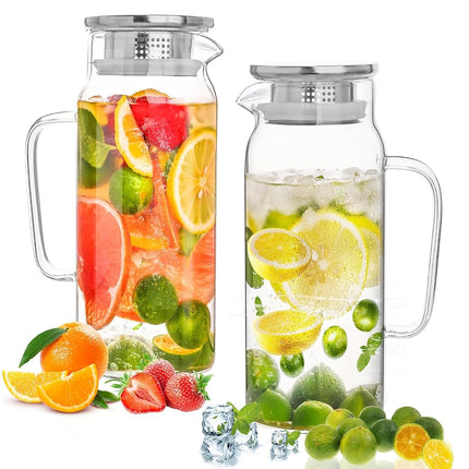 Set of 2 Glass Pitcher with Lid,2 Quart (64 oz / 1
