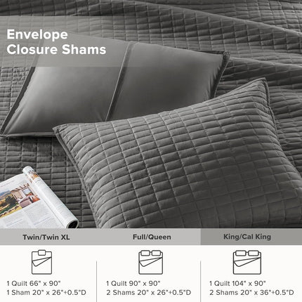 Comfort Spaces All Season, Lightweight, Coverlet Bedspread Bedding, Matching Shams, Polyester, Microfiber, Poly fill, Charcoal Grey, Quilt King/Cal King(104"x90")