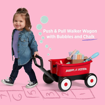 Radio Flyer Push & Pull Walker Wagon with Bubbles and Chalk, Red 2-in-1 Toy Walker Wagon for Toddlers,Wagon for 1-4 Years Old, Bubbles for 3+ Years Old