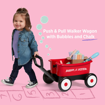 Radio Flyer Push & Pull Walker Wagon with Bubbles and Chalk, Red 2-in-1 Toy Walker Wagon for Toddlers,Wagon for 1-4 Years Old, Bubbles for 3+ Years Old