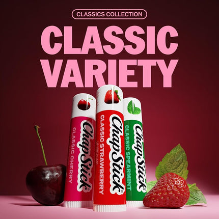Chapstick Classic (3 Count) Cherry, Strawberry & Spearmint Flavor Skin Protectant Flavored Lip Balm Tube, 3 Count (Pack of 1)