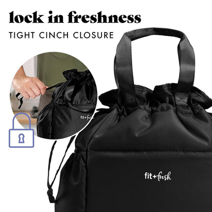 Sac à déjeuner à cordon Fit & Fresh Cromwell pour femmes, ensemble complet de déjeuner avec 2 contenants, résistant aux taches, étanche, essentiel pour la rentrée scolaire, boîte à lunch pour enseignant, noir