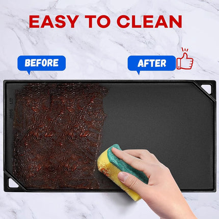 GGC Cast Iron Griddle, Reversible Flat Top Griddle for Gas Grills, Stove Tops, and Outdoor Cooking, 16.5 x 9.5 Baking Flat and Ribbed Griddle Plate for Family Cooking