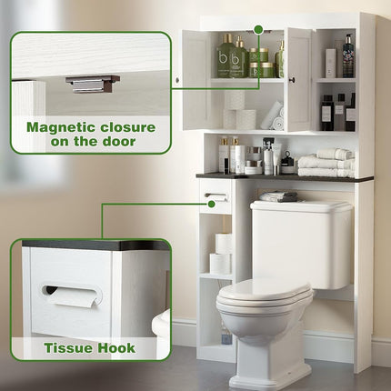 Nivisre Over The Toilet Storage Cabinet with 7 Shelves, Imitation Walnut Grain Above Toilet Bathroom Organizer with Toilet Paper Holder Stand, Space Saver for Restroom, Laundry, Bathroom (White)