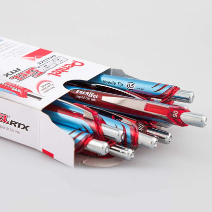 Bolígrafo Pentel EnerGel Deluxe RTX Retráctil de Gel Líquido, Trazo Fino, Punta de Aguja, Tinta Roja, Caja de 12 (BLN75-B)