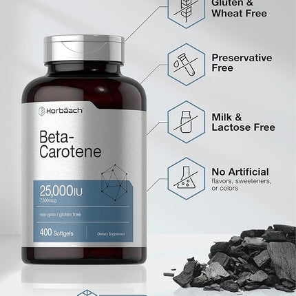 Beta Carotene 25000 iu Softgels | 7,500 mcg | 400 Count | Non-GMO and Gluten Free Formula | Vitamin A as Beta-Carotene Supplement | Value Size | by Horbaach