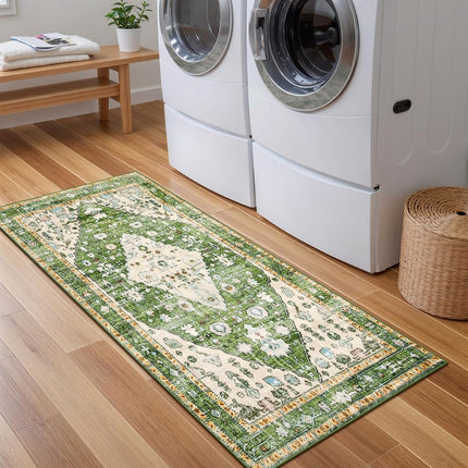 Lahome Boho Tribal Runner Rug - 2x4.3 Green Bohemian Kitchen Runners Small Bedroom Rugs, Distressed Soft Washable Non Slip Throw Carpet Runner for Door Mat Laundry Room Bathroom Office Decor