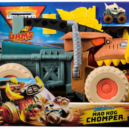 Monster Jam Mini Jam, Megalodon Mad Hog Chomper and Monster Truck, Fun Cleanup and Storage, Kids’ Toy Gifts for Boys and Girls Aged 3 and Up