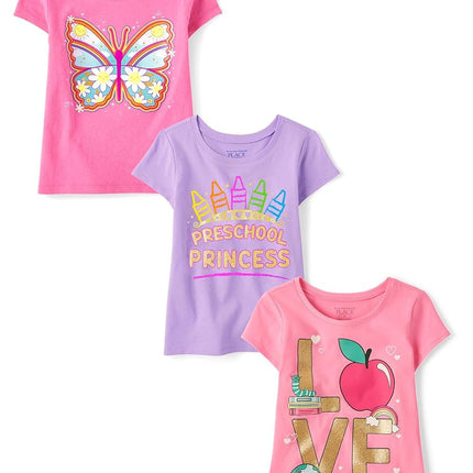 The Children's Place Baby Girls' and Toddler Assorted Everyday Long Sleeve Graphic T-Shirts, School Love/Preschool/Butterfly 3-Pack, 5T