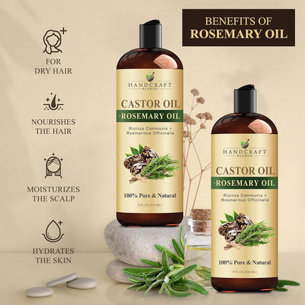 Handcraft Blends Castor Oil with Rosemary Oil - 8 Fl Oz - 100% Pure and Natural - Premium Grade Oil for Hair Growth, Eyelashes and Eyebrows - Carrier Oil - Hair and Body Oil