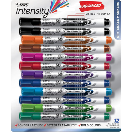 Bic Low Odor & Bold Writing Pen Style Dry Erase Marker, Bullet Tip, Assorted, 12 (GELIPP121AST)