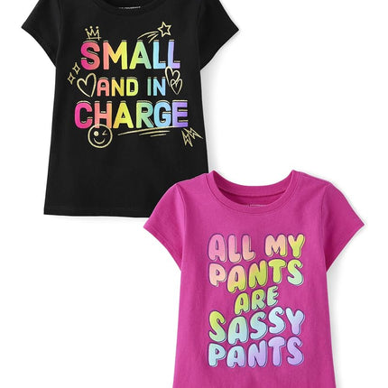 The Children's Place Baby Girls' and Toddler Assorted Everyday Short Sleeve Graphic T-Shirts,multipacks, Sassy Pants/in Charge, 3T