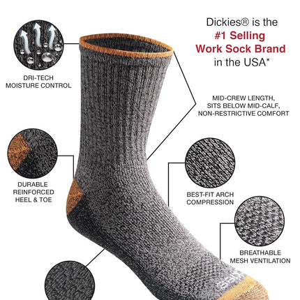 Dickies Men's Dri-tech Moisture Control Mid-Crew Comfort Length Socks, Available in M-XL (6, 12 Pairs), Comfort Length Tipped (12 Pairs), Large