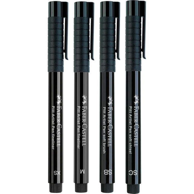 Faber-Castell Creative Studio Pitt Artist Pen India Ink Pen, Black, Wallet of 4, for Art, Craft, Drawing, Sketching, Home, School, University, Colouring
