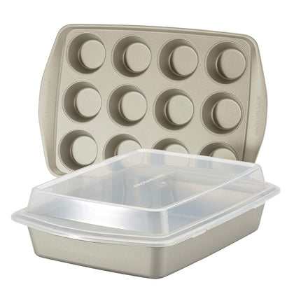 Rachael Ray 3 Piece Nonstick Bakeware Set - Silver, Rectangular Cake Pan, Muffin Pan, Plastic Lid
