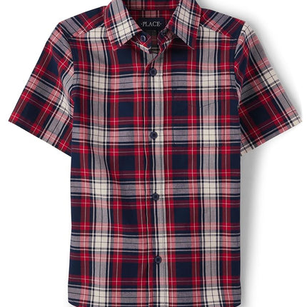 Chemise boutonnée à manches courtes en popeline pour garçons The Children's Place, rubis, moyenne