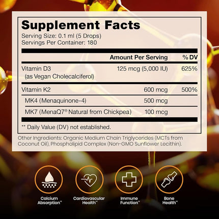 Vegan D3 + K2"Full Spectrum" Drops for Best Absorption | 5 Drops Contain: 5,000iu VIT D3"Vitashine", 500mcg VIT K2 (MK4) & 180mcg VIT K2 (MK7)"MenaQ7" | Soy-Free, GF, Non-GMO, Tasteless & Odorless
