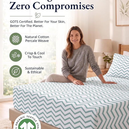 LANE LINEN 100% Organic Cotton Twin XL Fitted Sheet, 2-Piece Set (1 Fitted Sheet, 1 Pillowcase), Percale Weave, Lightweight, Soft, Breathable, Fits Mattress Upto 15' Deep - Cool Blue Chevron