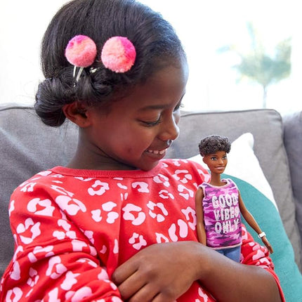 Barbie Fashionistas Doll with Short Curly Brunette Hair Wearing Good Vibes Only Camo Tank, Shorts and Accessories, for 3 to 8 Year Olds