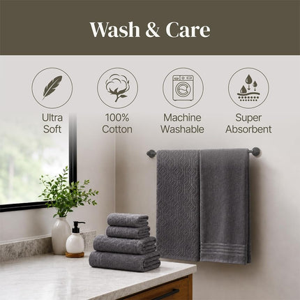 Modern Threads 6 Piece Set, 2 Bath Towels, 2 Hand Towels, 2 Washcloths Yarn Dyed Diamond Gate Jacquard Towel Set Charcoal