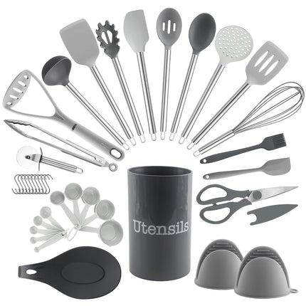 COOK WITH COLOR Silicone Cooking Utensils, Kitchen Utensil Set, Easy to Clean Silicone Kitchen Utensils, Cooking Utensils for Nonstick Cookware, Kitchen Gadgets Set, 38 Piece, Gray